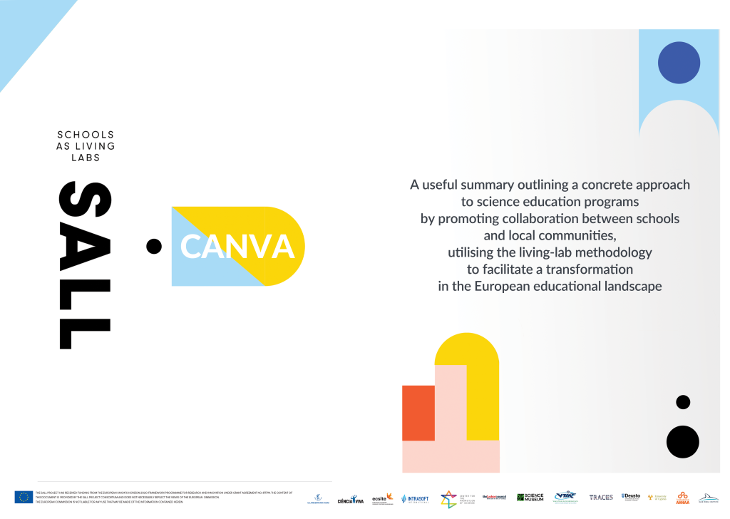 The SALL Canva is a useful summary outlining a concrete approach to science education programs
by promoting collaboration between schools and local communities,
utilising the living-lab methodology
to facilitate a transformation
in the European educational landscape