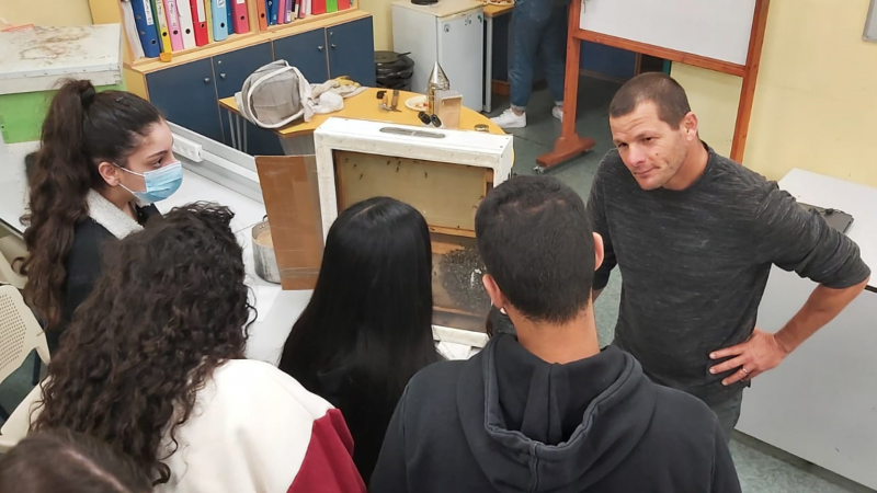 Students being introduced by a beekeeper on how a beehive works